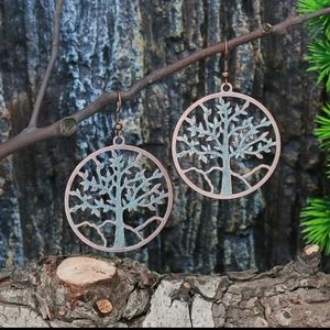 Antique Cooper Vintage Style Round Drop Hollow Tree Of Life Earrings.